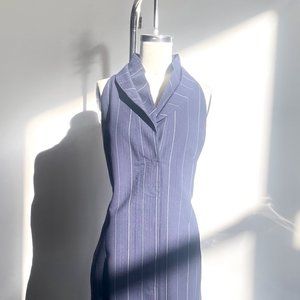 AKRIS Punto S5A Navy Pinstripe Pleat-Collar Sleeveless Midi Tent Dress sz 8 M